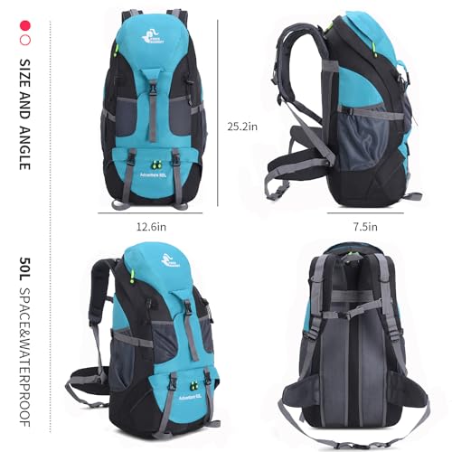 Bseash 50L Hiking Backpack, Water Resistant Lightweight Outdoor Sport Daypack Travel Bag for Camping Climbing Skiing Cycling (Lake Green - No Shoe Compartment) - color: Lake Green - No Shoe Compartment