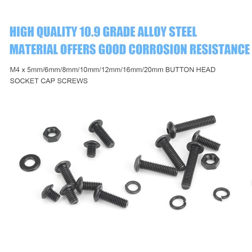 DYWISHKEY 386 Pieces M4 Black Screws, 10.9 Grade Alloy Steel M4x 5/6 /8/10 /12/16 /20mm Button Head Socket Cap Screws Bolts Nuts Washers Assortment Kit - size: M4, style: Button Head Socket Cap
