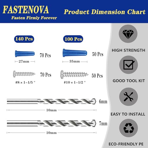 240Pcs Conical Concrete Anchors and 304 Stainless Steel Screws Assortment Kit,120 Concrete Wall Anchors+120 Screws, 2 Drill Bits, Suitable for Masonry, Stucco, Brick, Cement, Block and Tile
