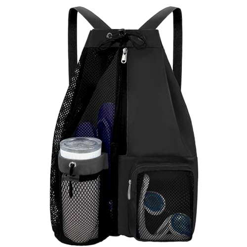 Beach Backpack with Wet Pocket Drawstring Mesh Beach Bag Waterproof Swimming Pool Backpack for Men and Women - color: Black