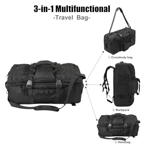 3 in 1 Tactical Travel Duffel Bag Backpack, Heavy Duty Gym Bag 45L,Black | Waterproof 600D nylon, internal collapsible dividers, weekend overnight travel, gym workout,military bag,(23x12x9)In - color: Black, size: 45L,(23x12x9)Inches