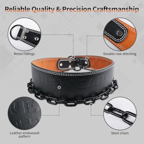 Heavy-Duty Leather Weightlifting Dip Belt with Steel Chain—Weightlifting, Squats, Deadlifts, Weighted pull-ups, Push-ups and Progressive Resistance Training - color: Black