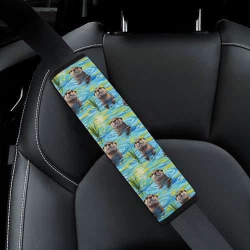 2 Pack Blue Water Scene Cute Otters Seat Belt Cover Universal Fit Shoulder Protector for Adults and Children, Most Cars, Comfortable Driving - color: Pattern 582