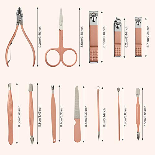 Manicure Set, 12 In 1 Stainless Steel Professional Pedicure Kit Nail Scissors Grooming Kit with Pink Leather Travel Case Pink - color: 12 in 1