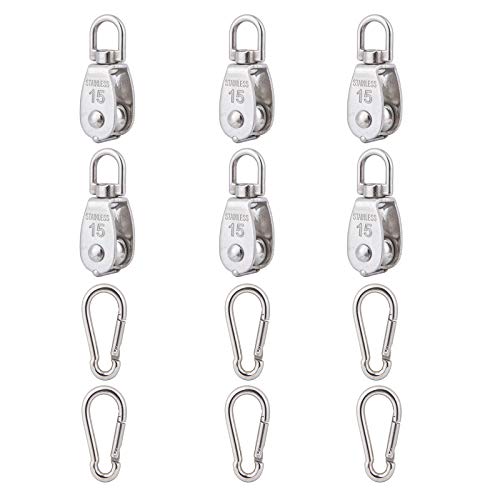 6Pcs 304 Stainless Steel M15 Single Pulley Block, Wire Rope Hanging Wire Towing Wheel, with 6Pcs Spring Snap Hook | 360° anti-twist swivel pulley. For lifting, towing & hanging wire rope on crane/outdoor. Has spring snap hooks for fast fit - size: M15-6pc