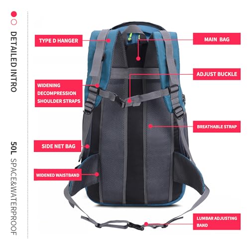Bseash 50L Hiking Backpack, Water Resistant Lightweight Outdoor Sport Daypack Travel Bag for Camping Climbing Skiing Cycling (Blue Green - With Shoe Compartment) - color: Blue Green - With Shoe Compartment