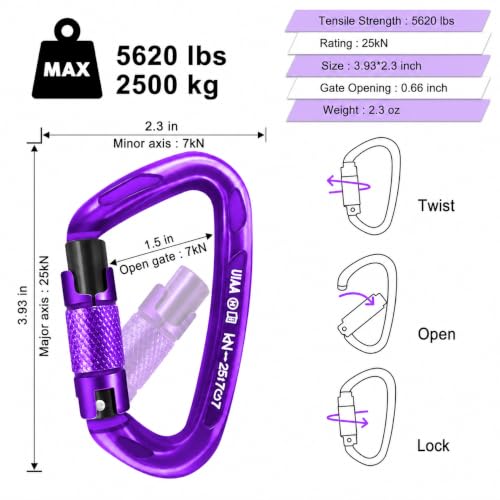 UIAA Certified Professional Heavy Duty Large Locking Carabiner Clips Climbing Carabiner 25kN Auto Locking Carabiner for Rock/Ice Climbing Rappelling Rescue Swing etc, D Shaped