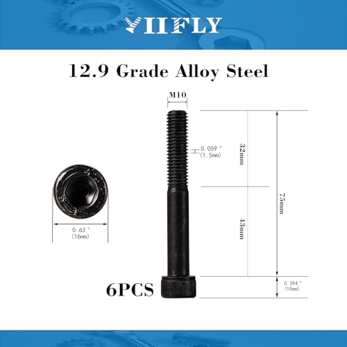 M10-1.5 x 75mm Socket Head Cap Screws, M10x1.5 Bolt, 12.9 Grade Alloy Steel, Allen Socket Drive, Black Oxide Finish, Half Thread, Quantity 6 - size: M10 x 75mm(6PCS)
