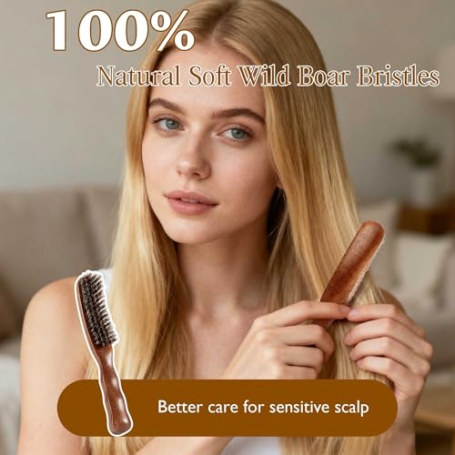 STYLEMATE Boar Bristle Slick Back Hair Brush | Medium/Sof Bristle Hair Brush for Thin & Fine Hair, Smoothing Hairbrush for Women Men Kid, Lightweight Sapele Wooden Handle - size: Medium