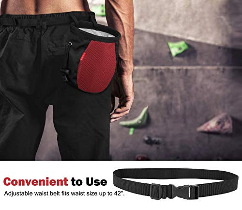 Rhino Valley Climbing Chalk Bag, No Leak Drawstring Chalk Bag with Adjustable Belt, Carabiner Clip and Zippered Pockets Chalk Bag for Rock Climbing, Cross Fit, Weight Lifting & More - color: Black/Red