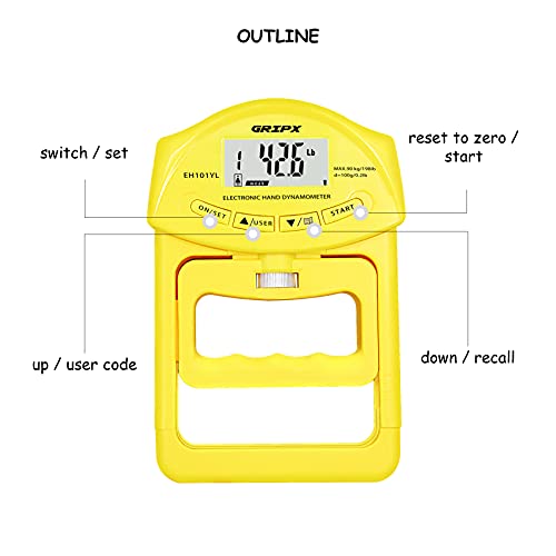 Digital Hand Dynamometer Grip Strength Measurement Meter Auto Capturing Electronic Hand Grip Power 198Lbs / 90Kgs - color: Yellow