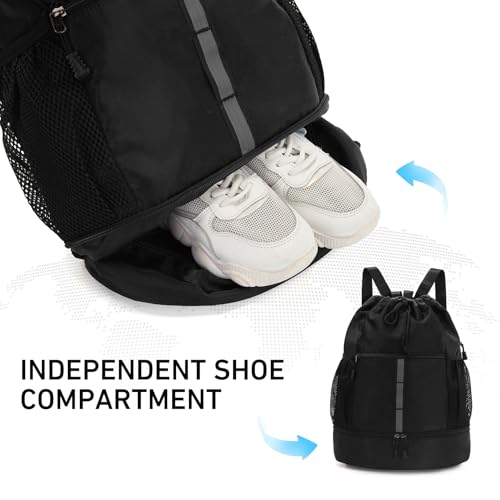 Valleycomfy Drawstring Gym Bag Sports Backpack With Shoe Compartment Black | Reflective Strips Top Handle - color: Black