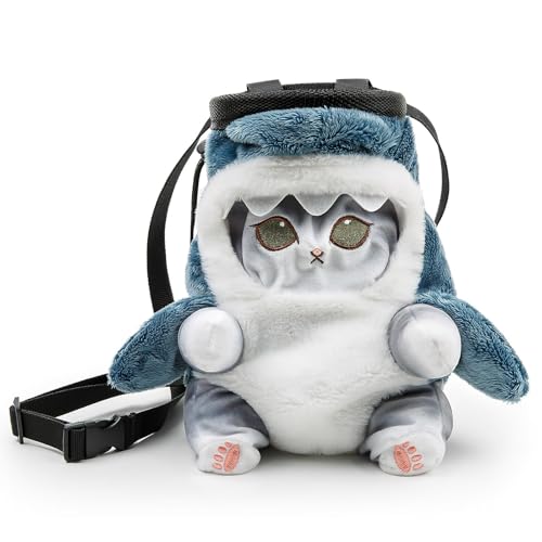 Cat Rock Climbing Chalk Bag, Fun Plush Animal Chalk Pouch with Drawstring, Adjustable Waist Belt for Indoor Outdoor Bouldering Sport Climbing - style: Small Grey Shark Cat