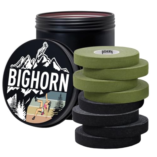 Bighorn Athletics Finger Tape, Female Tin, 0.5"x45ft,8Rolls,Mil Green/Black | Climbing tape with retro design tape holder for tension support & bouldering. EZ tear, strong adhesive, residue-free. - color: Military Green & Black