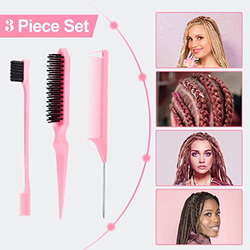 SWEET VIEW 3Pcs Slick Back Hair Brush | Rat Tail Comb, Edge | Bristle Brush, Sleek Ponytail/Bun Smoothing Baby Hair & Flyaways - color: Pink
