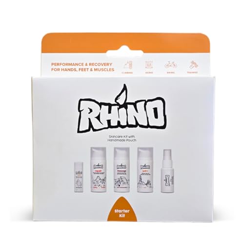 Rhino Skin Starter Kit Bundle - Climbing Skincare 5-Piece Set with Hand Cream, Lotion, Conditioner, Antiperspirant, and Balm | For Dry and Cracked Hands | Travel Size Hand Creams with Handmade Pouch
