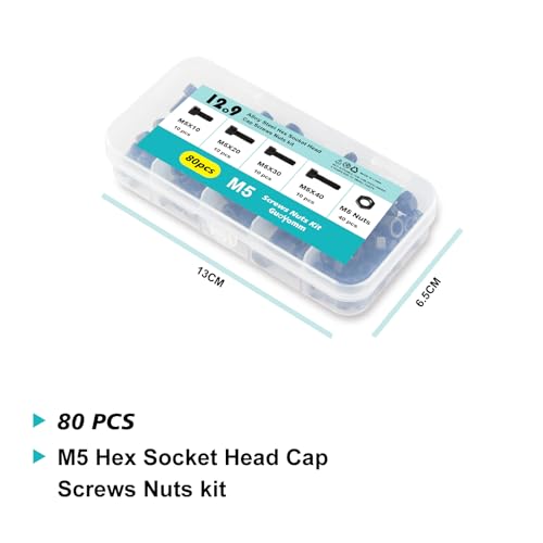 M5 x 10mm 20mm 30mm 40mm Hex Socket Head Cap Screws Bolts and Nuts, 12.9 Grade Alloy Steel, Black Oxide Finish, Metric Allen Drive, Fully Thread, Assortment Kit 80PCS - size: Socket M5x10-40mm+Nuts