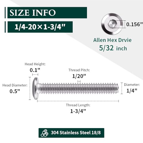 1/4-20 x 1-3/4" Hex Socket Head Cap Screws, 304 Stainless Steel 18-8, Chamfered Countersunk Machine Screws for Furniture, Binding, Machinery, Automotive, DIY Projects, 25 PCS - size: 1/4-20 x 1-3/4"
