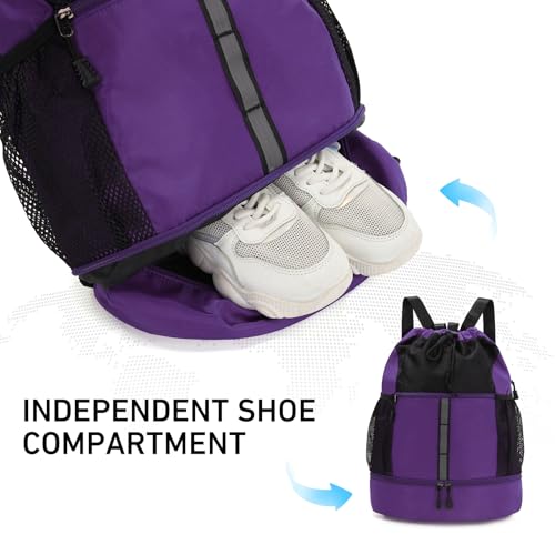 Valleycomfy Drawstring Gym Bag Sports Backpack With Shoe Compartment Purple | Reflective Strips Top Handle - color: Purple08