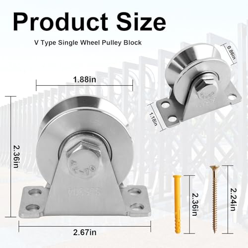 2 Pack 304 Stainless Steel V-Groove Pulley Wheel for Sliding Gate DIY Gym | Silent detachable duplex bearing pulley, with mounting screws & expansion pipes, for sliding gate, gym DIY, material handling