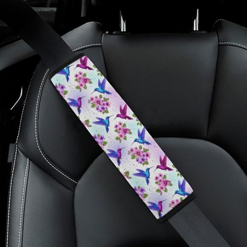 Universal Soft and Comfortable Seat Belt Cover for Adult Use, Stroller Pushchair High Chair, 2 Pack Floral Bird Purple Flower Hummingbird Shoulder Harness Cover - color: Pattern 768