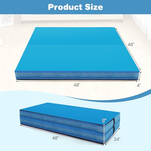 Goplus 4" Thick Folding Gymnastic Mat, Thickened Bi-Fold Fitness Mat with Carrying Handles & PU Leather Cover, Home Gym Tumbling Mat for Stretching, Pilates, Aerobics Workouts - color: Blue