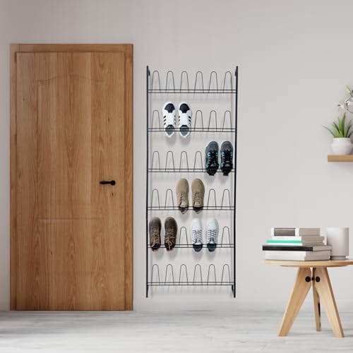 MyGift 70 Inch Black Metal Wall Mounted Shoe Rack with 36 Hooks | Holds 18 Pairs, Efficient Vertical Design, 36 Hanging Points, Slim Profile, Small Space Solution, Easy Access Setup - color: Black (6 Tier, 18 Pairs)