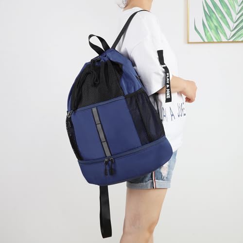 Valleycomfy Drawstring Gym Bag Sports Backpack With Shoe Compartment | Reflective Strips Top Handle Dark Blue - color: Dark Blue