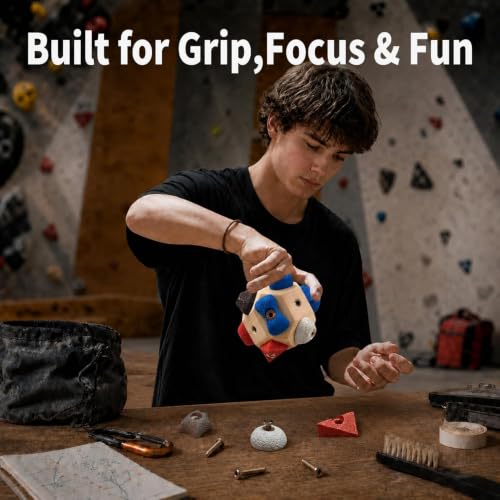Boulder Block – 12 Solid Resin Climbing Holds on Wood Base, Portable Finger Strength Trainer for Bouldering, Climbing Grip Strengthener with Lanyard