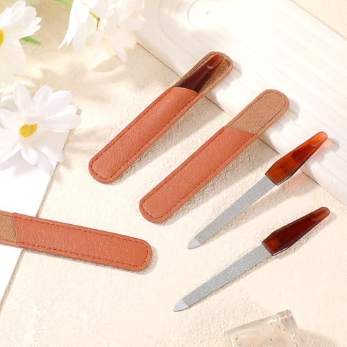 3 Pack Nail File Metal Sharp Pointed Tip with Leather Sheath Case 5 Inch | Double Sided Grit Nails for Natural Non Slip Handle Fingernail Files Stainless Steel Manicure for Women