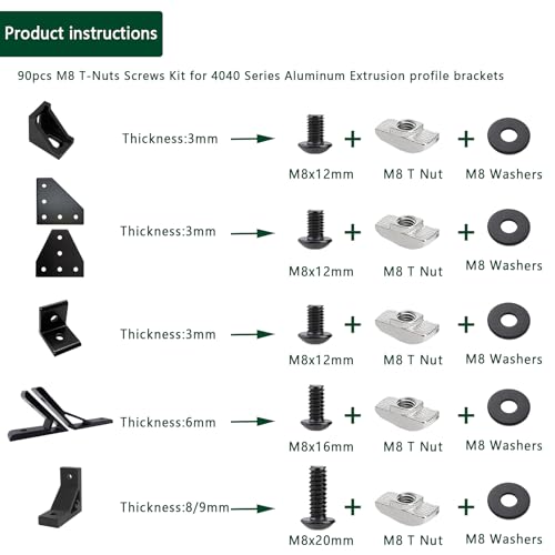 80 pcs M8 T Nut Screws Kit for 4040 4080 Aluminum Extrusion, 26 pcs Black M8x12/16/20mm Hexagon Socket Carbon Steel Screws and 26 pcs M8 Drop in T-Nuts, 28 Washers with Hex Wrench - style: 80pcs 40 Series Screws Kit Black