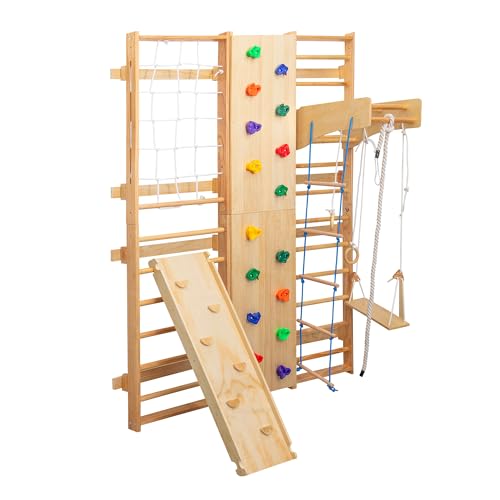 9-in-1 Indoor Climbing | All-in-One Wooden Home Playground with Rock Climbing Wall, Swings, Gymnastic Rings, Rope Ladder & More | Safe, Space-Saving Fitness & Fun for Family