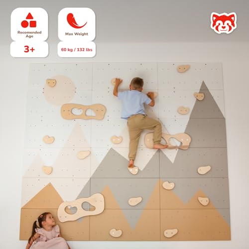 Wood And Hearts Indoor Rock Climbing Wall for Kids – 18 Wooden Climbing Panels with Rock Climbing Holds and Large Climbing Grips, Montessori Sensory Play Equipment for Playroom and Home Gym