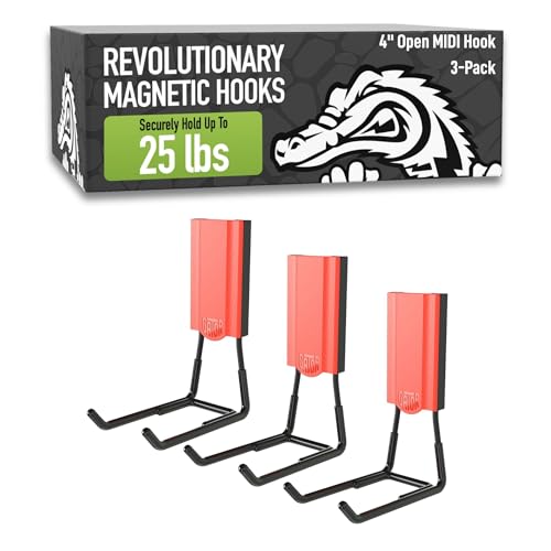 GATOR MAGNETICS MIDI 4 in Open Hooks, 25 lb Heavy Duty Magnetic Hooks for Steel Surfaces, Patented Easy-Release, Non-Slip Grip – Storage & Organization, Garage, Shed, Home, Cleaning Tools - 3 Pack - size: 4" - Red, style: Open Hooks