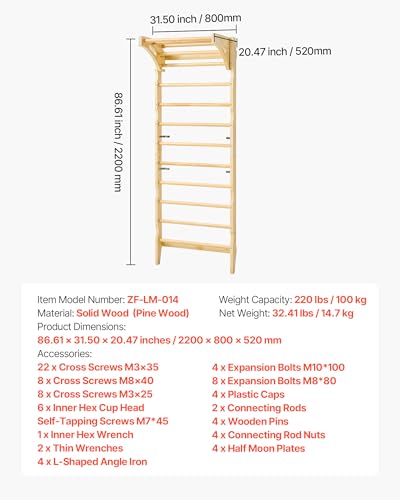 VEVOR Swedish Ladder Wall Gym, 2-in-1 10-Level Indoor Jungle Gym, 220LBS Loading Solid Wood Gymnastic Stall Bars for Kids & Adults, Indoor Playground Climbing Playset with Pull-Up Bar, Wall Ladder - style: 10-Level 2-in-1