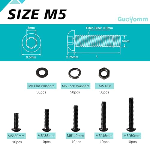 200 PCS M5 x 30mm 35mm 40mm 45mm 50mm, Button Head Socket Cap Screws Bolts Washers Nuts Assortment Kit, 10.9 Grade Alloy Steel, Black Oxide Finish, Metric Allen Hex Drive - size: Button M5x30/35/40/45/50 mm