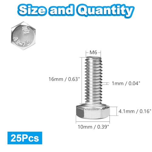 25 Pcs M6 Hex Bolts M6-1.0 x 16mm Hex Head Screw Bolt 304 Stainless Steel M6-1.0mm Hexagon Bolts Hex Head Screws, Metric Machine Fully Thread, Bright Finish - size: M6-1.0 x 16mm