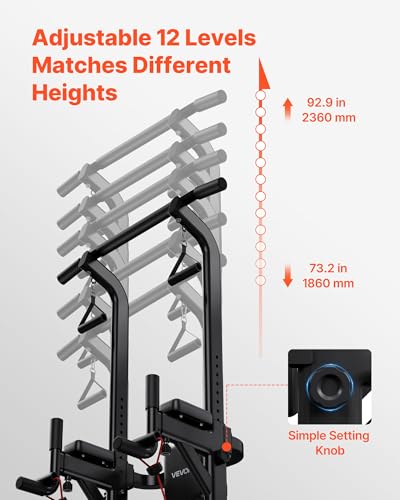 VEVOR Pull Up Bar, 330 LBS Power Tower Dip Station, Workout Dip Station with H-Shaped Stable Base & Back Pad, Adjustable 12 Level Height Free Standing Chin Up Bar for Back, 4-Level Adjustable Back Pad