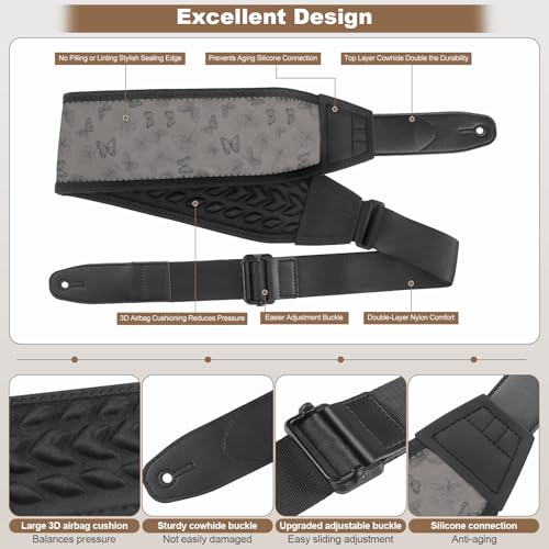 Guitar Straps for Electric Guitar Bass, Smooth Guitar Strap, 3" Wide Padded Straps with 3D Sponge Filling, Comes with 4 Picks + 2 Strap Locks + 1 Headstock Tie + 1 Tie Rope, Gray Butterfly - color: Smooth Gray Butterfly