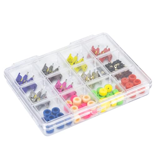 14Pcs Multicolour Trucks 48Pcs Wheels 60Pcs Screws & 30PCS Nuts & 4PCS Spanner Tool for 96mm Fingerboard Skateboard Wooden Deck Parts - color: Multicolour Trucks & Box