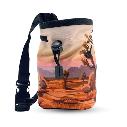 Rock Climbing Chalk Bag | for Outdoor, Gym, & Bouldering | Adjustable Waist Belt, Durable Drawstring Closure, & Zippered Pocket - style: Joshua Tree