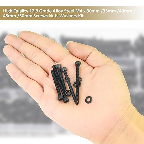 202 Pieces Black M4 x 30/35 /40/45 /50 mm Hex Socket Head Cap Screws Nuts Washers Assortment Kit, 12.9 Grade Alloy Steel - size: M4 x 30/35/40/45/50mm, style: Socket Head