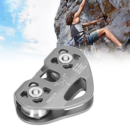Tandem Speed Double Pulley, 25KN Pulley Climbing Pulley Pulley Aluminum Fixed Rope Pulley Zipline Trolley for Climbing Lifting Hauling Rigging (Gray)