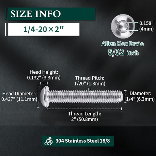 1/4-20 x 2 Button Head Socket Cap Bolts Screws, 304 Stainless Steel 18-8, Allen Hex Drive, Bright Finish, Fully Machine Thread, Pack of 25 - size: 1/4-20 x 2
