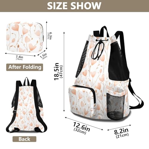 Drawstring Backpacks Climbing Gym Bag With Water Bottle Pocket Cinch Sack Waterproof Bluebell Rose Gold and White