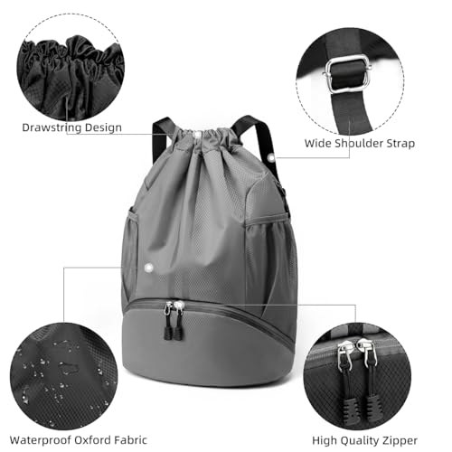 Valleycomfy Sports Drawstring Backpack - Water Resistant String Bag | with Side Mesh Pockets Shoe Compartment Gym Backpack for Women & Men Dark Grey - color: A-dark Grey