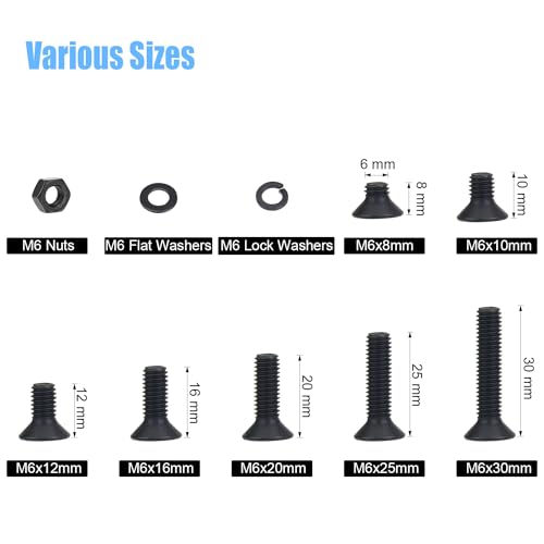 DYWISHKEY 151 Pieces M6 Black Screws, 10.9 Grade Alloy Steel M6x 8/10 /12/16 /20/25 /30mm Countersunk Head Socket Cap Screws Bolts Nuts Washers Assortment Kit - size: M6, style: Countersunk Head Socket Cap