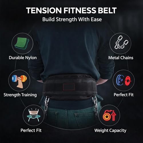 Fitness Dip Belt with Waist Chain, Nylon and Metal Weight Belt for Strength Training, Black - Durable Design, Adjustable Chains for Gym Power Building