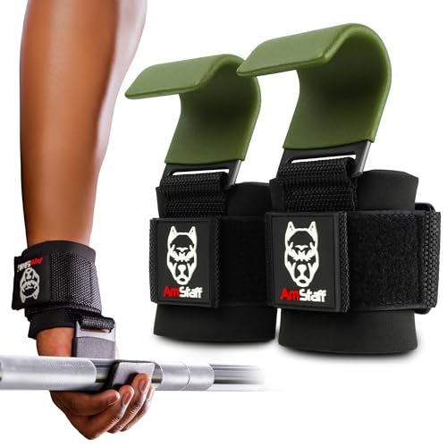 AmStaff Fitness Weight Lifting Hooks (Pair) - Gym Wrist Straps with Steel Hooks for Weightlifting, Pull-Ups, Deadlifts, Strength Training, and Fitness Workouts - Adjustable Neoprene Wrist Support - color: Green