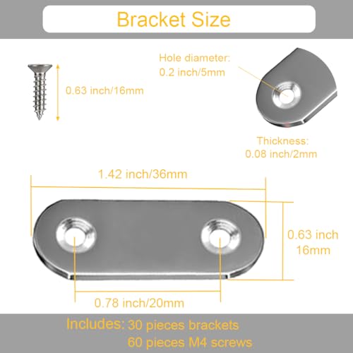 30PCS Straight Brace Brackets 1.42 Inch Stainless Steel Flat Mending Plates, Repair Fixing Joining Brackets for Wood Furniture with Screws - size: 1.42 inches (30 Pieces)